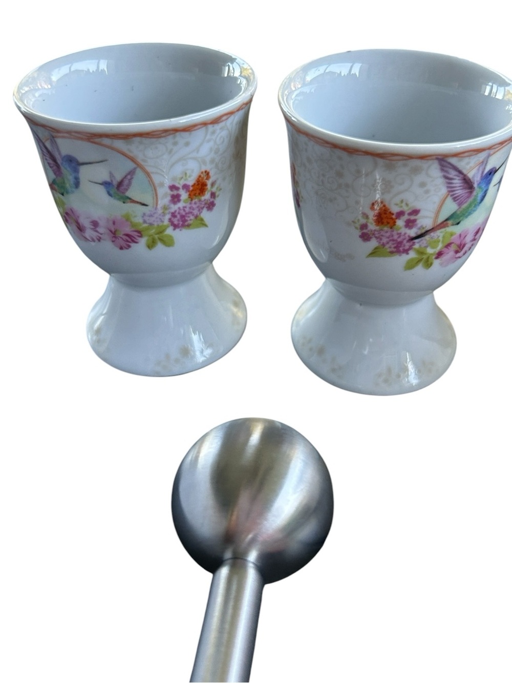 NobleEgg Floral Stunning painted hummingbird egg cup and serving set 4 pieces